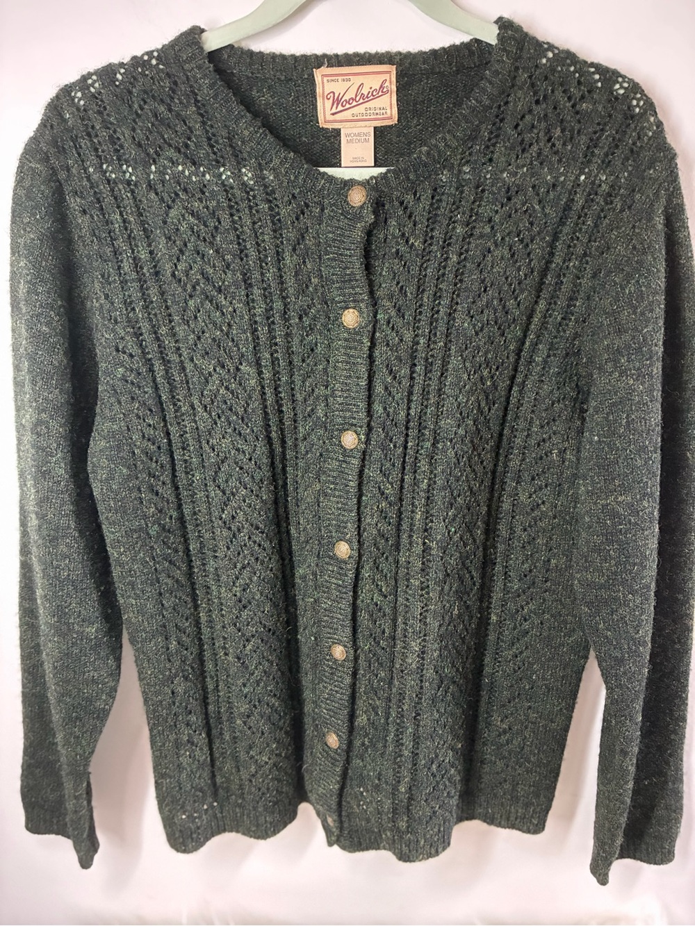 Woolrich Dark Green Cable Knit Button-Up Cardigan